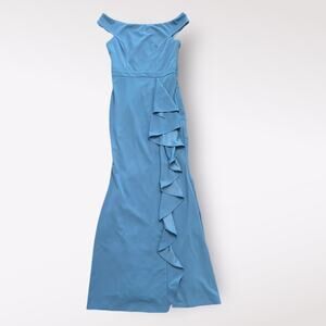 Lulus Mila Slate Blue Ruffled‎ Off-The-Shoulder Maxi Dress Size Small